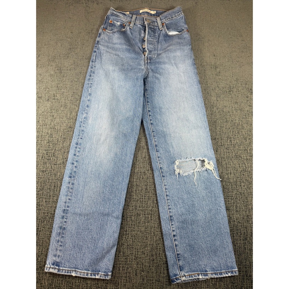 Levis Premium Ribcage Straight Jeans 26 Distressed High Rise Button Fly Denim